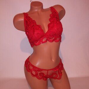 Victoria Secret Bralette Set Bra & Panty Red Lace Sheer Brazilian Embroidered